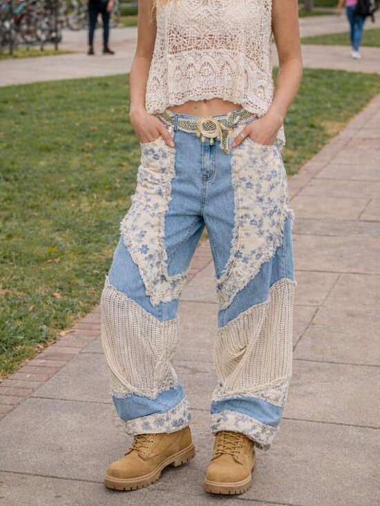 POL Denim - POL Crochet Patchwork Frayed Edge Boho Baggy Wide Flare Leg Cotton Denim Jeans